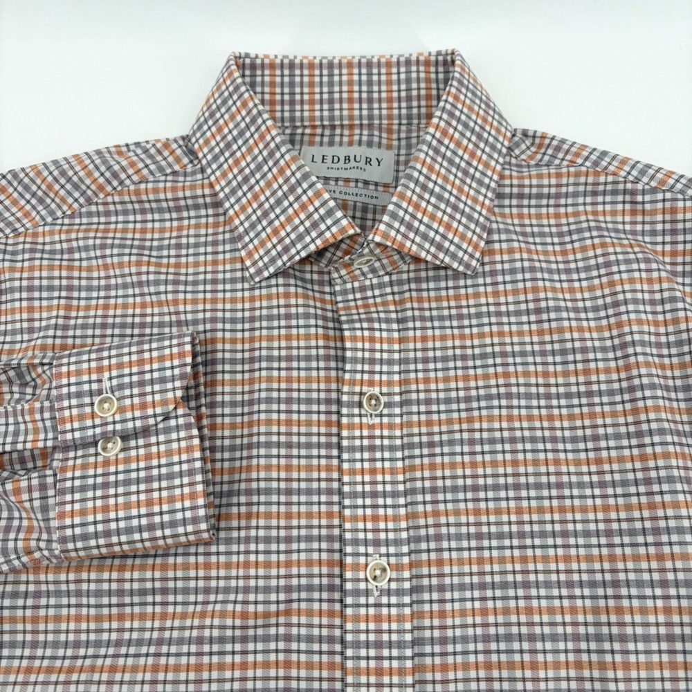 Ledbury Reserve Collection Orange Grey Plaid Performance Dress Shirt 16.5